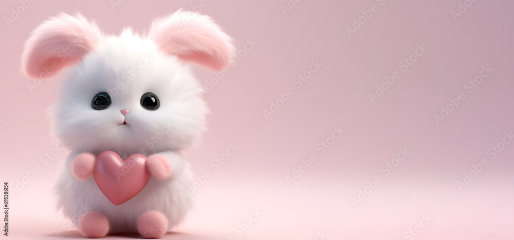 White fluffy rabbit with a heart on a pink background, Valentines day