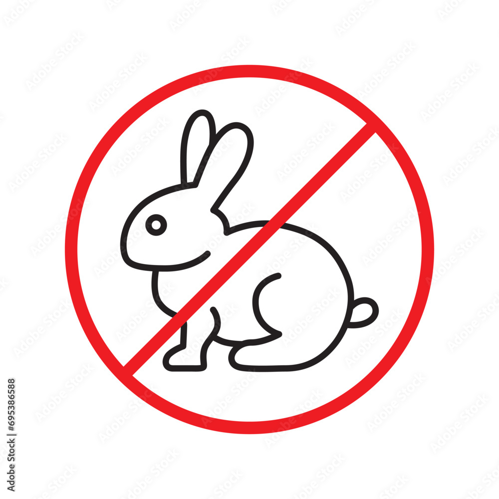 Obraz premium Forbidden Prohibited Warning, caution, attention, restriction label danger. No rabbit vector icon. Do not use hare sign design. No rabbit symbol flat pictogram. 