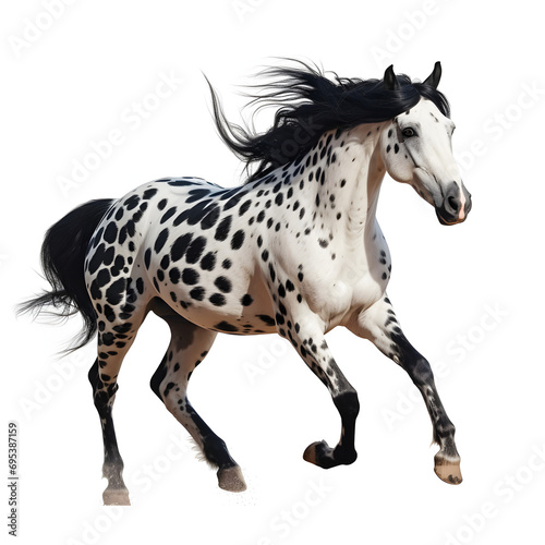 A black and white spotted horse running with a white background