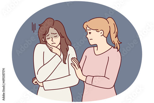 Woman comforting girl friend who is sad and stressed after bullying or toxic relationship. Lady suffers from depression and needs help of psychologist due to problems at work. Flat vector image