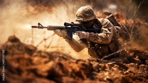 Soldier fighting on battlefield, firing from assault rifle
