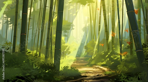 Panoramic view of a bamboo forest in the morning sun.