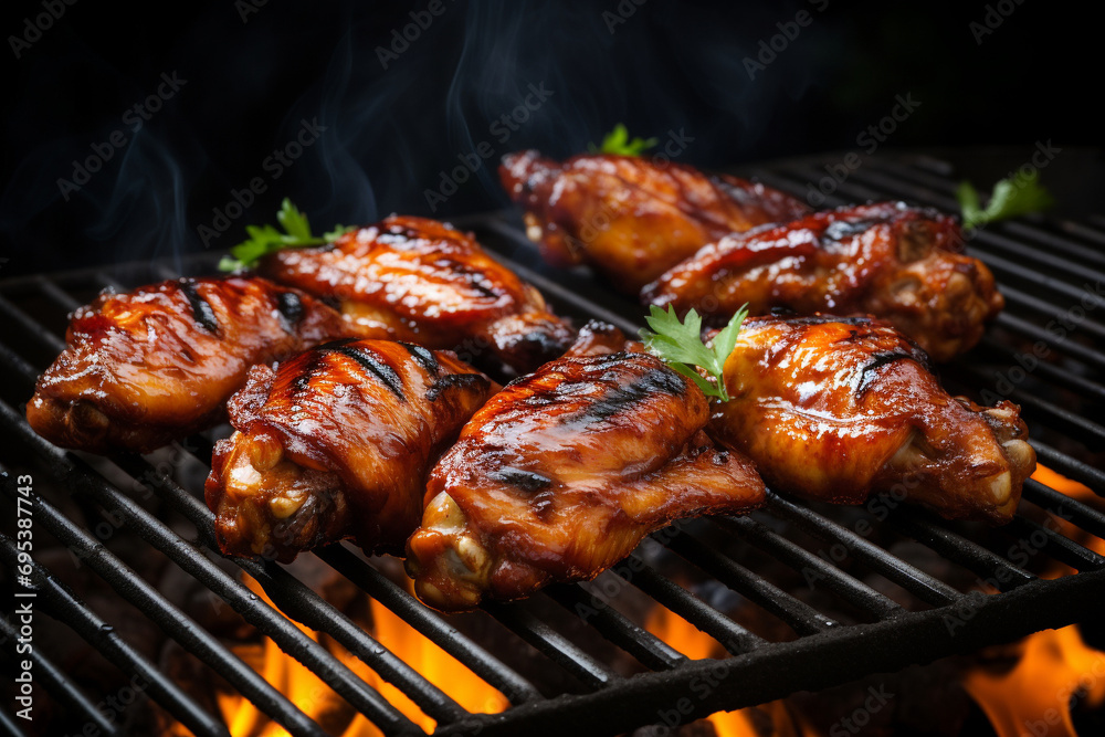 Tempting Teriyaki Sensation chicken Grilled Wings' Sizzling Culinary Aura Background