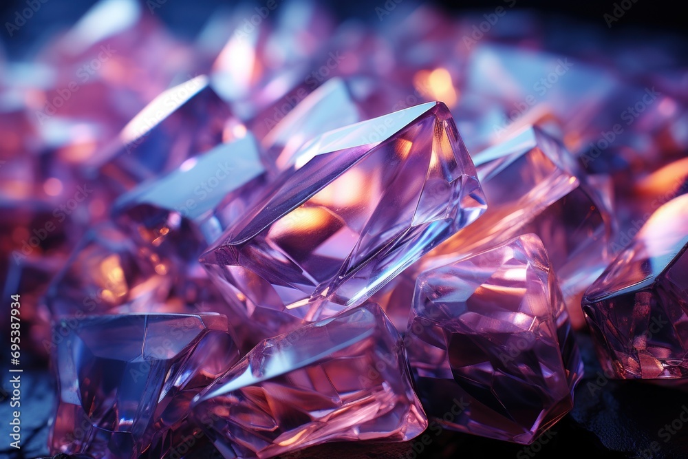  a pile of pink crystals sitting on top of a pile of other purple crystal stones on top of a wooden table next to a glass vase with a light on top of it.