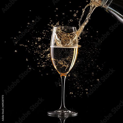 Effervescent Elegance: Champagne Glass Pouring on Black Background