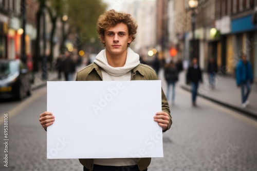 Man holding white blank poster on a street 