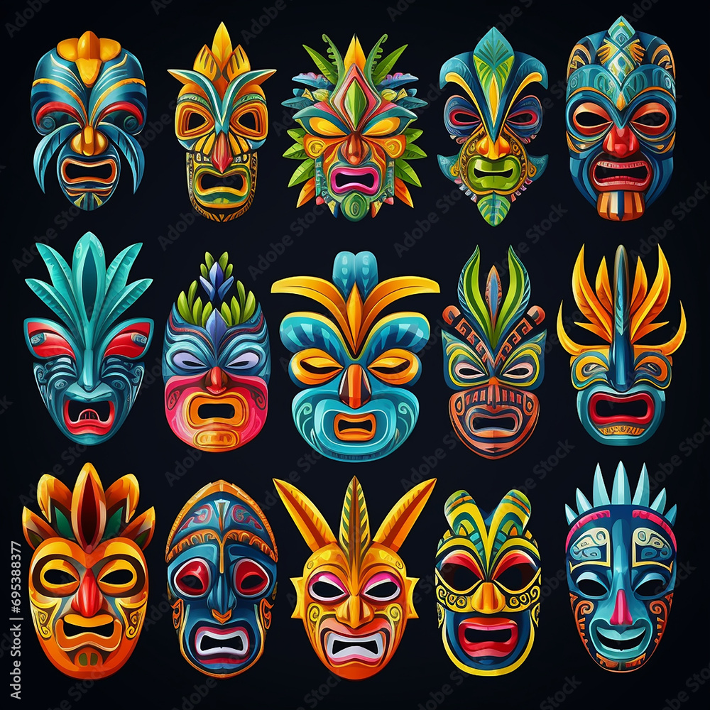 Naklejka premium Cultural Fusion: Tribal Mask with African, Aztec, and Hawaiian Ritual Influences