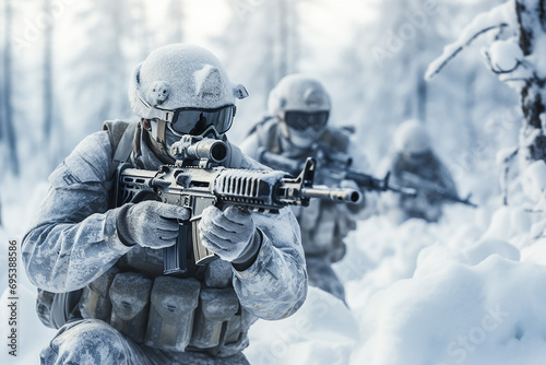 Arctic winter warfare operation in cold conditions, with soldiers in winter camo, on a snowy forest battlefield, with rifles. Focus on soldiers photo