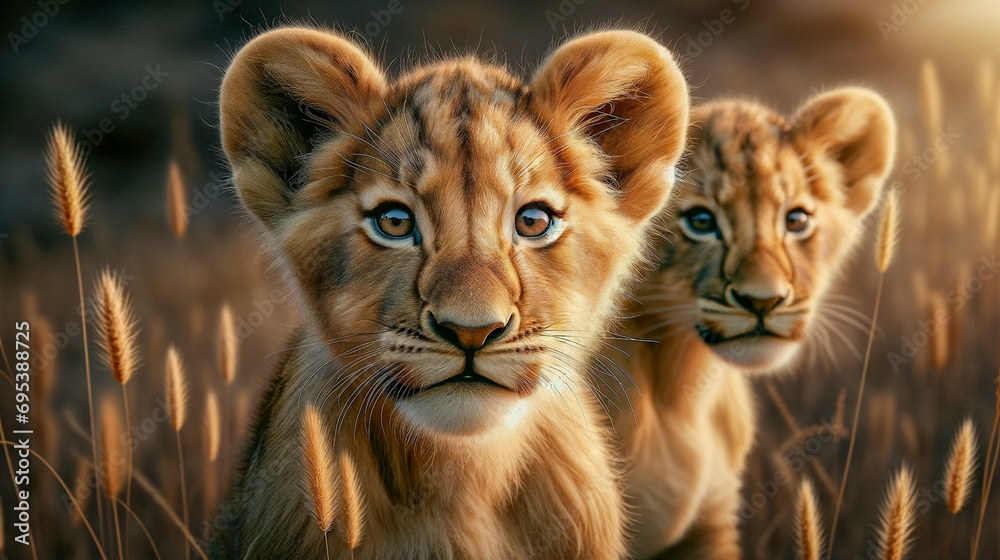 Close up of two lion cubs,side lighting