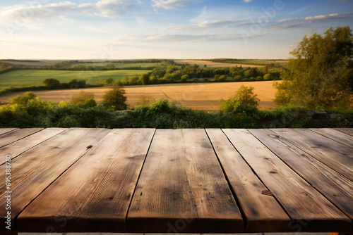 Empty wooden table and summer field,ai generated