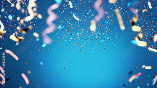 Um fundo azul com confete e serpentina caindo. Fundo carnavalesco.  photo