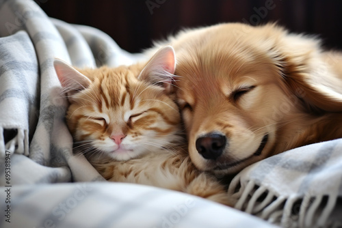 Puppy and cat sleep on a soft blanket,ai generated