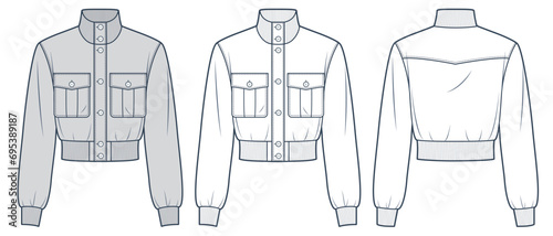 Bomber Jacket fashion flat technical drawing template. Button down Jacket technical fashion illustration, pockets, rib, front and back view, white, grey, women, men, unisex CAD mockup set.