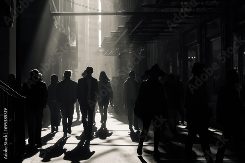  a black and white photo of a group of people walking down a street in the shadows of the sun shining down on the people in the shadows of the shadows.
