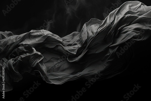  a black and white photo of a sheet of fabric blowing in the wind on a black background with smoke coming out of the top of the top of the fabric.