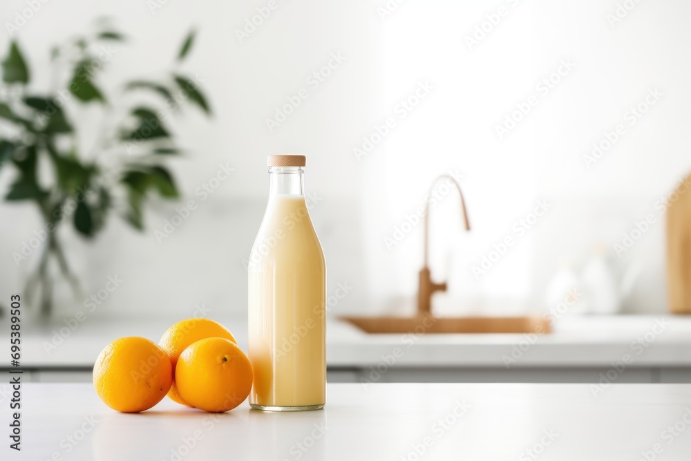 a bottle of orange juice next to three oranges on a white countertop in a white kitchen with a plant in the background and a sink in the background. a bottle of orange juice next to three oranges on a white countertop in a white kitchen with a plant in the background and a sink in the background.