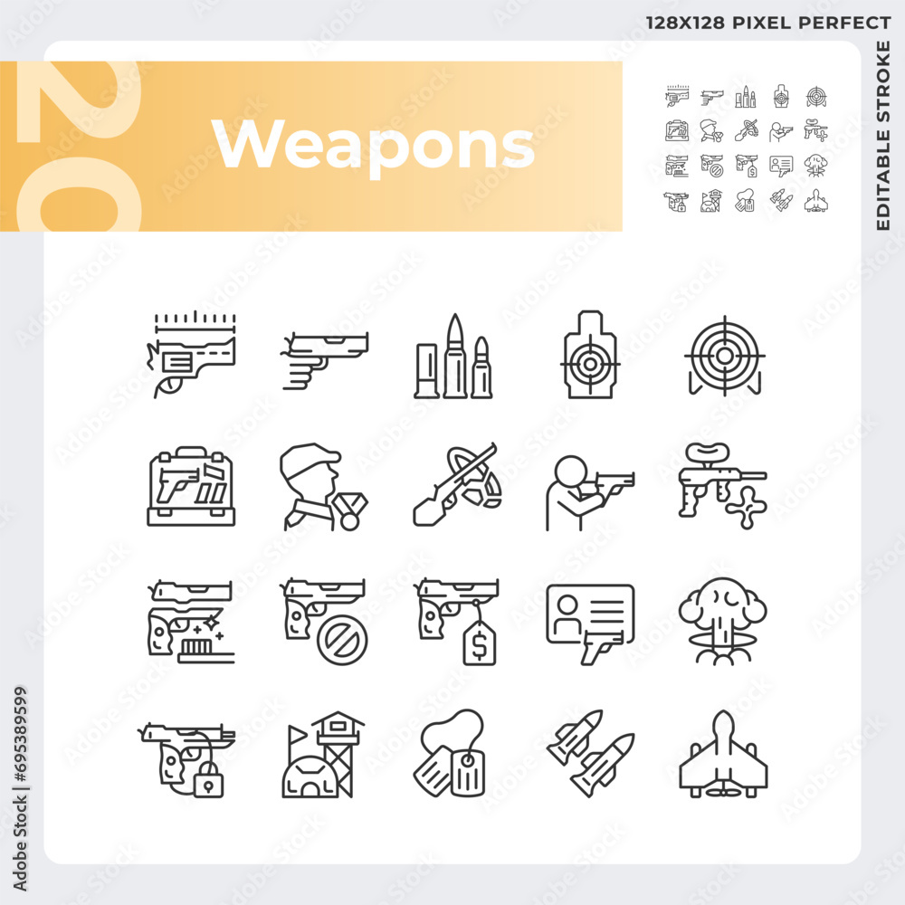 Pixel perfect simple black thin line icons set representing weapons, editable linear illustration.