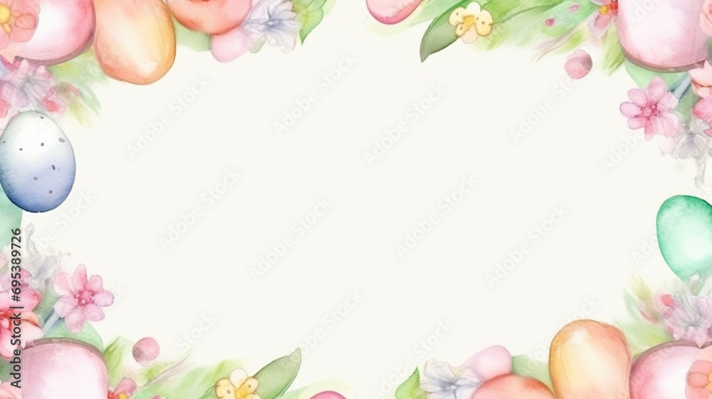 Watercolor splash frame in spring tones with Easter candies cornering the text area