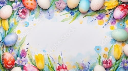 Frame of watercolor painted eggs and feathers with a large