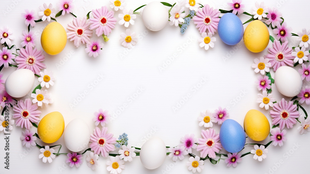 Symmetrical border of colorful Easter eggs with vines and flowers leaving a wide clear space