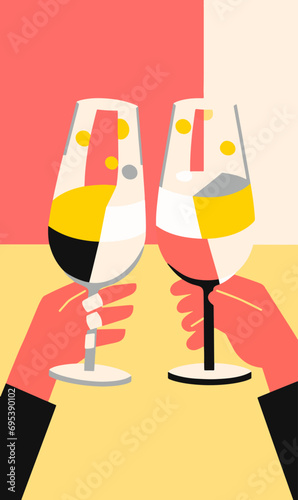 Hands toasting with glasses of champagne. Abstract Celebration or party graphic