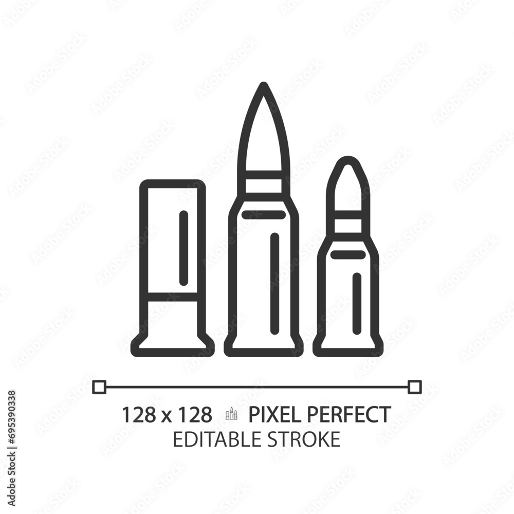 2D pixel perfect editable black caliber icon, isolated simple vector, thin line illustration representing weapons.