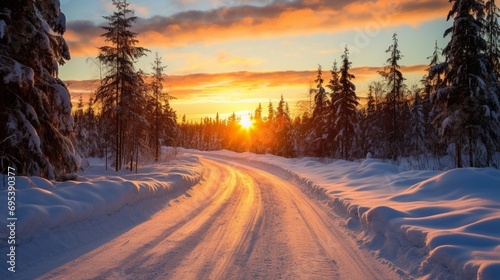 Sunset on a snow covered road in Finland © PZ Studio