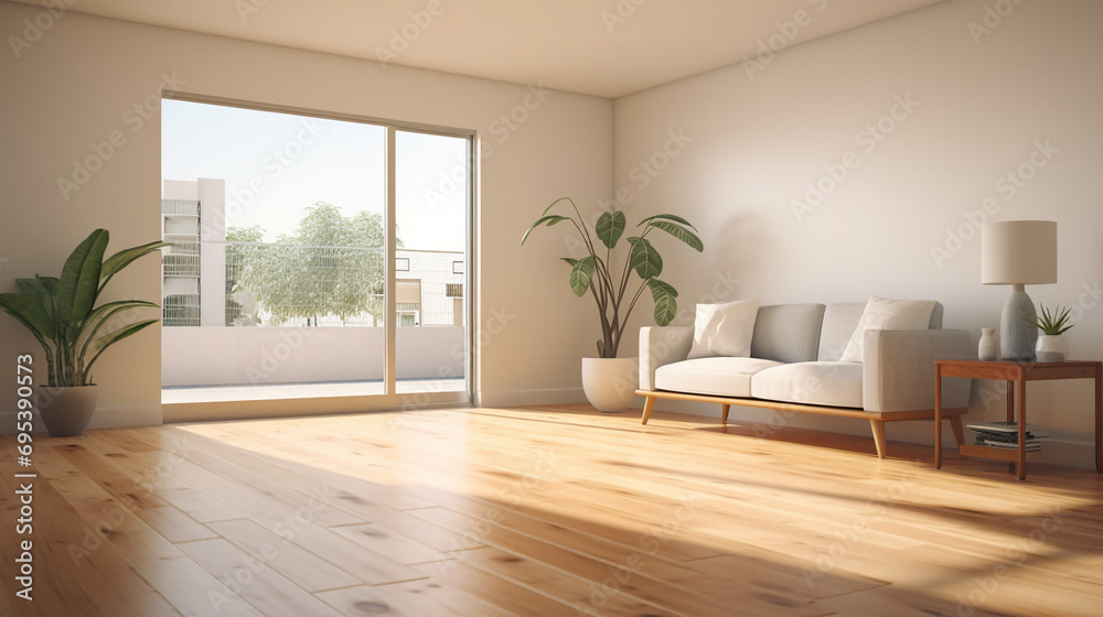 Obraz premium Empty living room with hardwood floor in modern apartment, AI Generative.