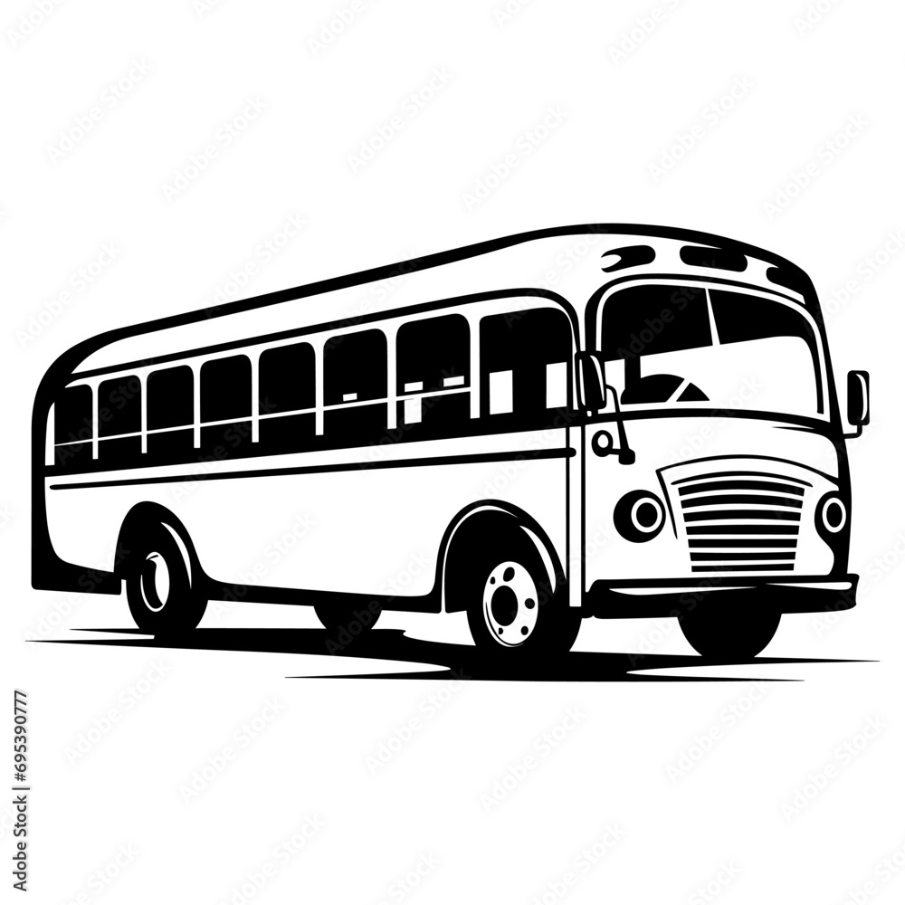 Bus silhouette on white background. Vehicle icons set view from side, front, and back. Tour Bus silhouette.