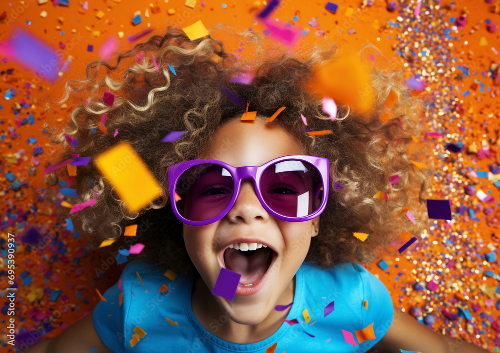 Little girl in exaggerated glasses lying on floor with confetti Little girl in exaggerated glasses lying on floor with confetti