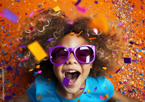 Little girl in exaggerated glasses lying on floor with confetti