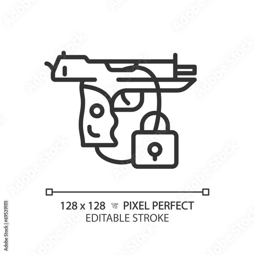 2D pixel perfect editable black gun safety icon, isolated simple vector, thin line illustration representing weapons.
