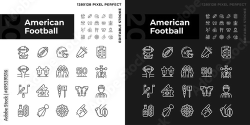 American football linear icons set for dark, light mode. Sport equipment. Team game. Game day. Football match symbols. Thin line symbols for night, day theme. Isolated illustrations. Editable stroke
