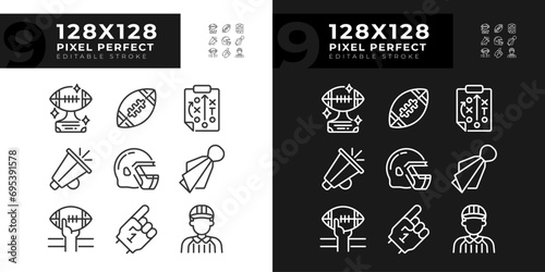 American football match linear icons set for dark, light mode. Rules of team game. Outdoor sports. Football strategy. Thin line symbols for night, day theme. Isolated illustrations. Editable stroke