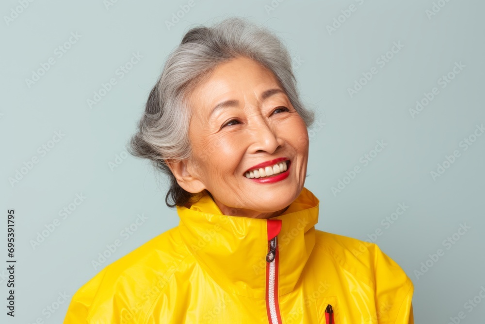Portrait of a content asian woman in her 70s showing off a lightweight base layer against a pastel yellow background. AI Generation Portrait of a content asian woman in her 70s showing off a lightweight base layer against a pastel yellow background. AI Generation