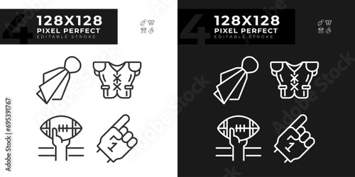 Football game elements linear icons set for dark, light mode. Fan support. American football match. Player uniform. Thin line symbols for night, day theme. Isolated illustrations. Editable stroke
