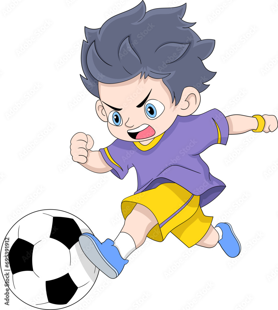 happy kid is running fast playing football dribbling the ball happy kid is running fast playing football dribbling the ball