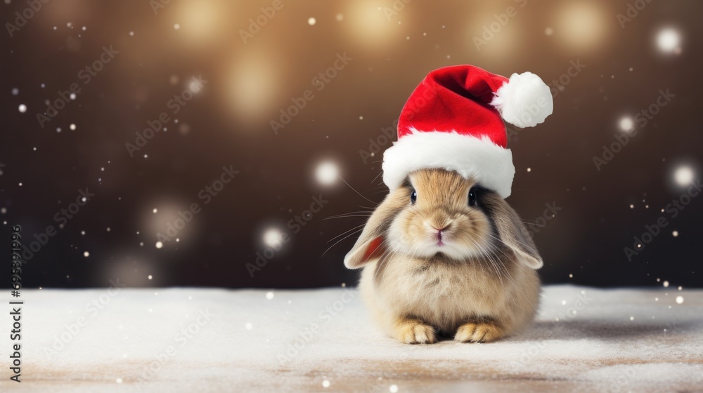 Cute rabbit dressed in Santa hat. Festive wallpaper for New Year with free space. 