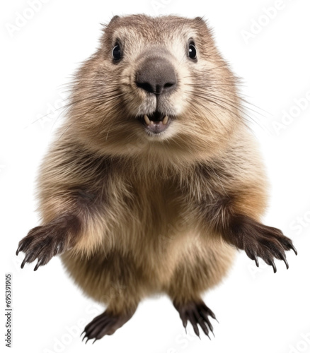 Cheerful, happy, smiling Groundhog. The groundhog waves his arms. Isolated on a transparent background. © Honey Bear