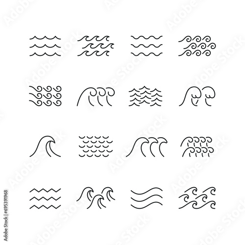 Vector line set of icons related with wave. Contains monochrome icons like water, sea, ocean, ripple, surf, swirl and more. Simple outline sign.