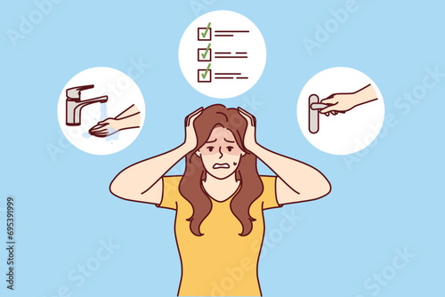 Woman with ocd syndrome clutches head for fear of contracting infection, stands near icons with faucet and door handle. Girl with ocd or obsessive compulsive disorder needs treatment from psychiatrist