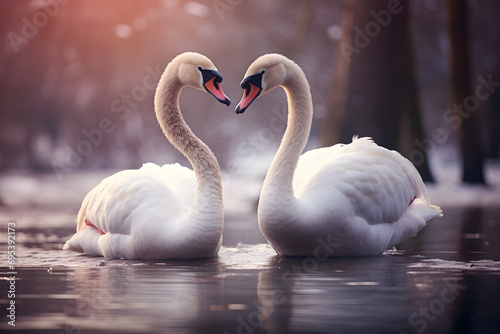 Post-processed image of a loving swan couple on the lake, celebrating Valentine's Day,