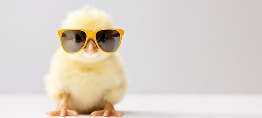Funny easter concept holiday animal greeting card - Cool cute little easter chick baby with sunglasses on table