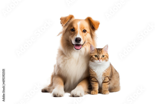 Portrait of Happy dog and cat that looking at the camera together isolated on transparent background, friendship between dog and cat, amazing friendliness of the pets. © TANATPON