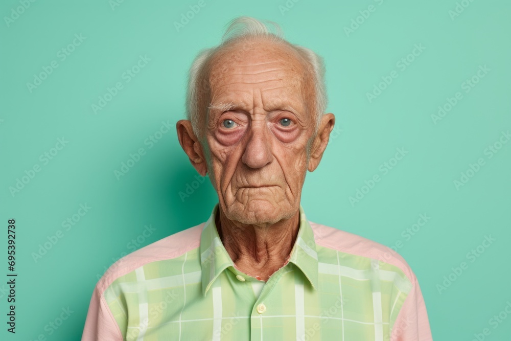 Portrait of a content elderly man in his 90s donning a trendy cropped top against a pastel green background. AI Generation Portrait of a content elderly man in his 90s donning a trendy cropped top against a pastel green background. AI Generation