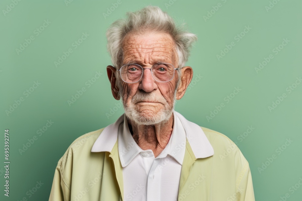 Portrait of a content elderly man in his 90s donning a trendy cropped top against a pastel green background. AI Generation