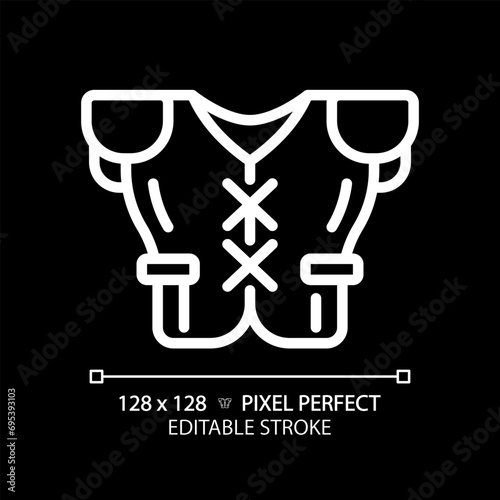 Shoulder pads white linear icon for dark theme. American football equipment. Football gridiron uniform element. Sportswear. Thin line illustration. Isolated symbol for night mode. Editable stroke