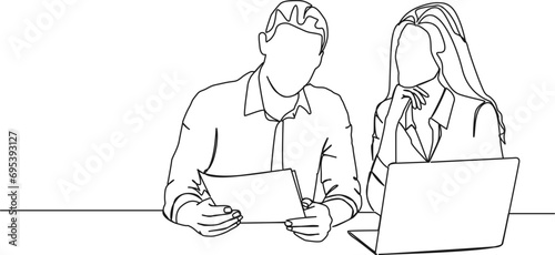 continuous single line drawing of businessman and businesswoman discussing documents, business meeting line art vector illustration
