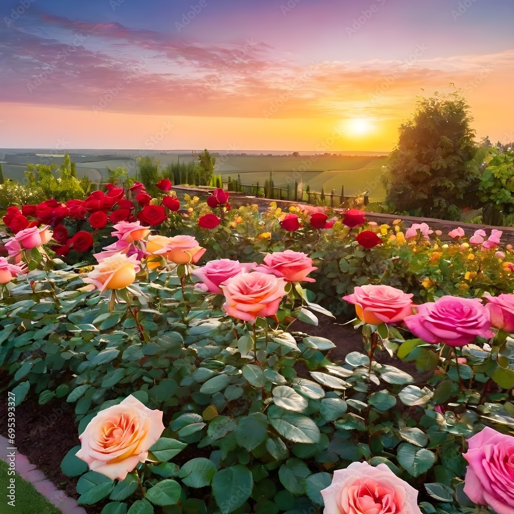 Colorful roses blooming in the garden at sunset. Nature background
