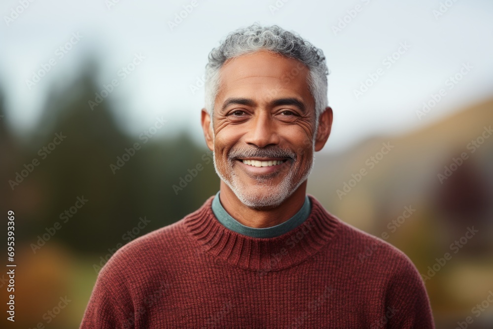 Portrait of a content indian man in his 60s dressed in a comfy fleece pullover against a pastel teal background. AI Generation